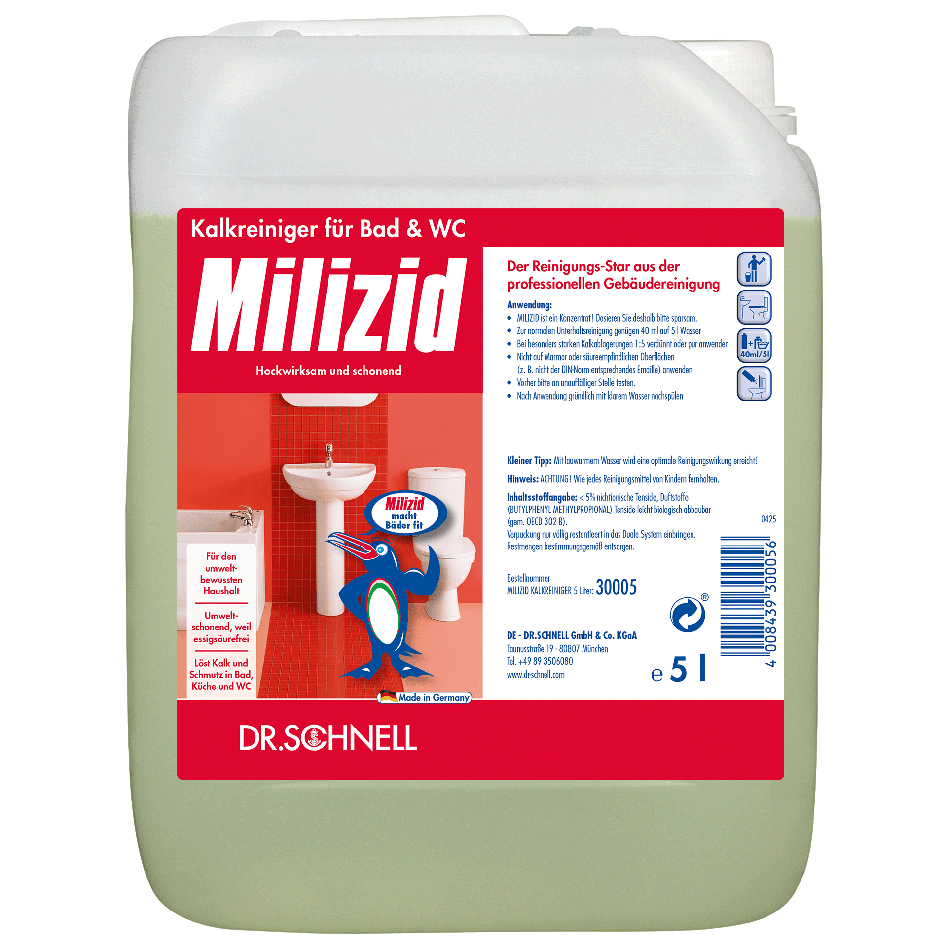 A 5-liter container of Dr. Schnell MILIZID LIME CLEANER from DR.SCHNELL GmbH & Co. KGaA, with a German label showing bathroom fittings and a cartoon penguin holding the product bottle.