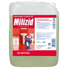A 5-liter container of Dr. Schnell MILIZID LIME CLEANER from DR.SCHNELL GmbH & Co. KGaA, with a German label showing bathroom fittings and a cartoon penguin holding the product bottle.