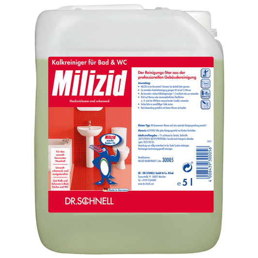 A 5-liter container of Dr. Schnell MILIZID LIME CLEANER from DR.SCHNELL GmbH & Co. KGaA, with a German label showing bathroom fittings and a cartoon penguin holding the product bottle.