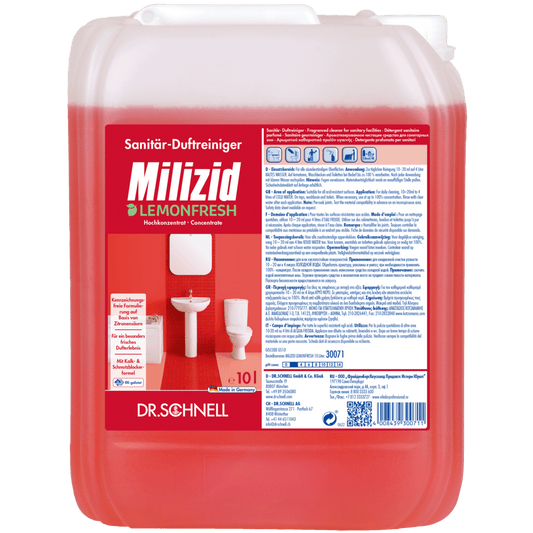A 10-liter container of Dr. Schnell MILIZID LEMONFRESH from DR.SCHNELL GmbH & Co. KGaA, a powerful sanitary cleaner concentrate with a lemon scent, features a red label with product information and images of a toilet and a sink.
