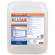 A 10-liter plastic container of Dr. Schnell GLASAN by DR.SCHNELL GmbH & Co. KGaA, with a blue-white label containing product information, instructions for use, and an image of a glass plate for streak-free cleaning.