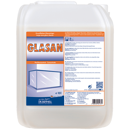 A 10-liter plastic container of Dr. Schnell GLASAN by DR.SCHNELL GmbH & Co. KGaA, with a blue-white label containing product information, instructions for use, and an image of a glass plate for streak-free cleaning.