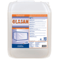 A 10-liter plastic container of Dr. Schnell GLASAN by DR.SCHNELL GmbH & Co. KGaA, with a blue-white label containing product information, instructions for use, and an image of a glass plate for streak-free cleaning.