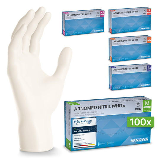A white ARNOMED NITRIL WHITE disposable glove from ARNOWA GmbH stands upright next to five boxes (XS-XL); the box of size M is at the front, labeled with "100x" and product information. The gloves are tear-resistant, latex-free, and powder-free.