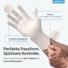 A user puts on ARNOMED NITRIL WHITE tear-resistant disposable gloves from ARNOWA GmbH by pulling on the rolled cuff. Labels show textured fingertips and emphasize its latex-free design, strong grip, and tear-resistant material.
