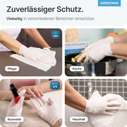 Four images show hands wearing ARNOMED NITRIL WHITE tear-resistant disposable nitrile gloves from ARNOWA GmbH in the areas of care, kitchen, cosmetics, and household, with the individual uses highlighted by text labels.
