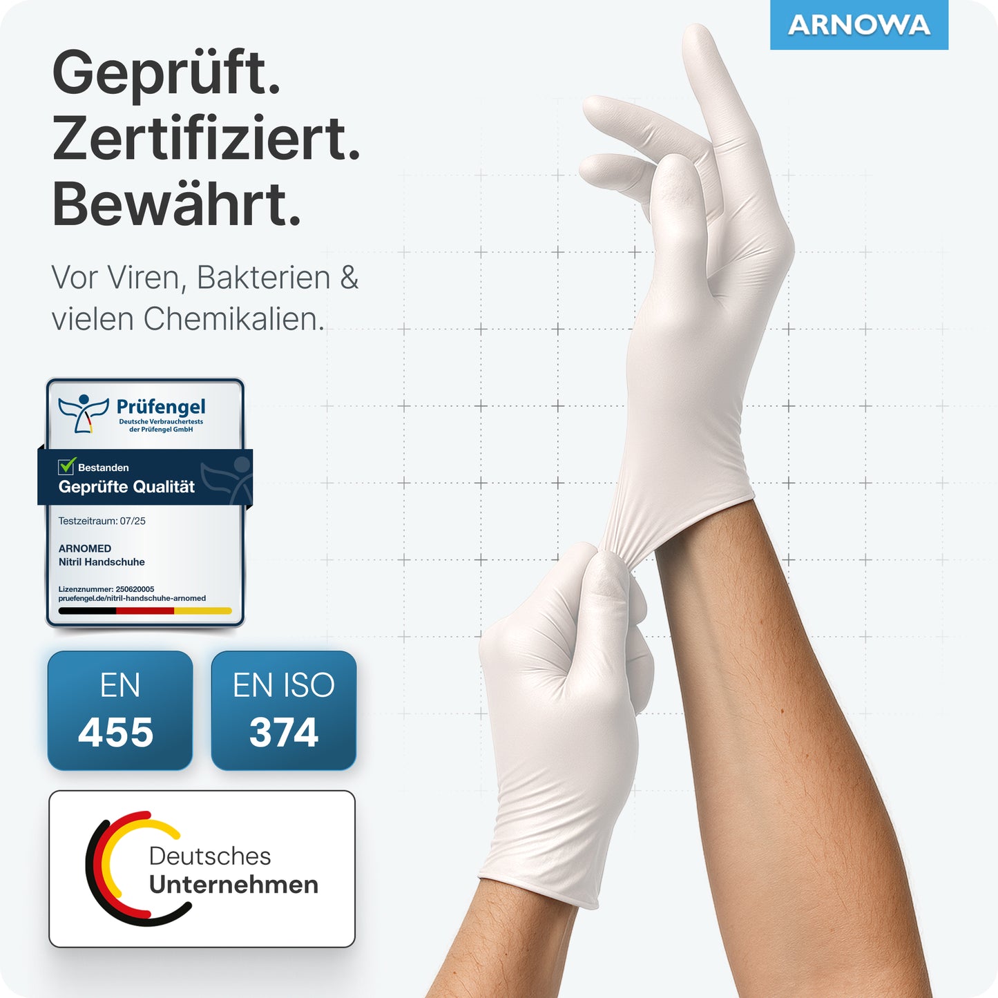 A person wears ARNOMED NITRIL WHITE tear-resistant disposable nitrile gloves in white from ARNOWA GmbH. The text highlights the certified virus, bacteria, and chemical protection according to EN 455 & EN ISO 374, with the ARNOWA logo visible in the corner.