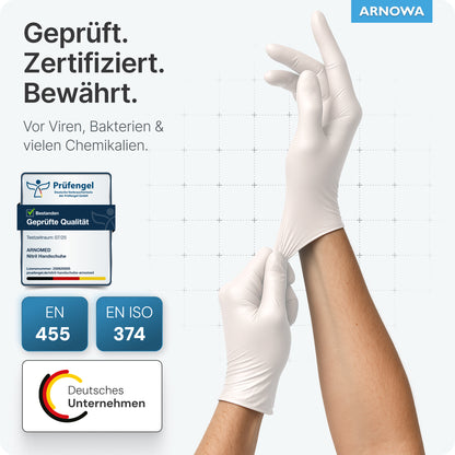 A person wears ARNOMED NITRIL WHITE tear-resistant disposable nitrile gloves in white from ARNOWA GmbH. The text highlights the certified virus, bacteria, and chemical protection according to EN 455 & EN ISO 374, with the ARNOWA logo visible in the corner.