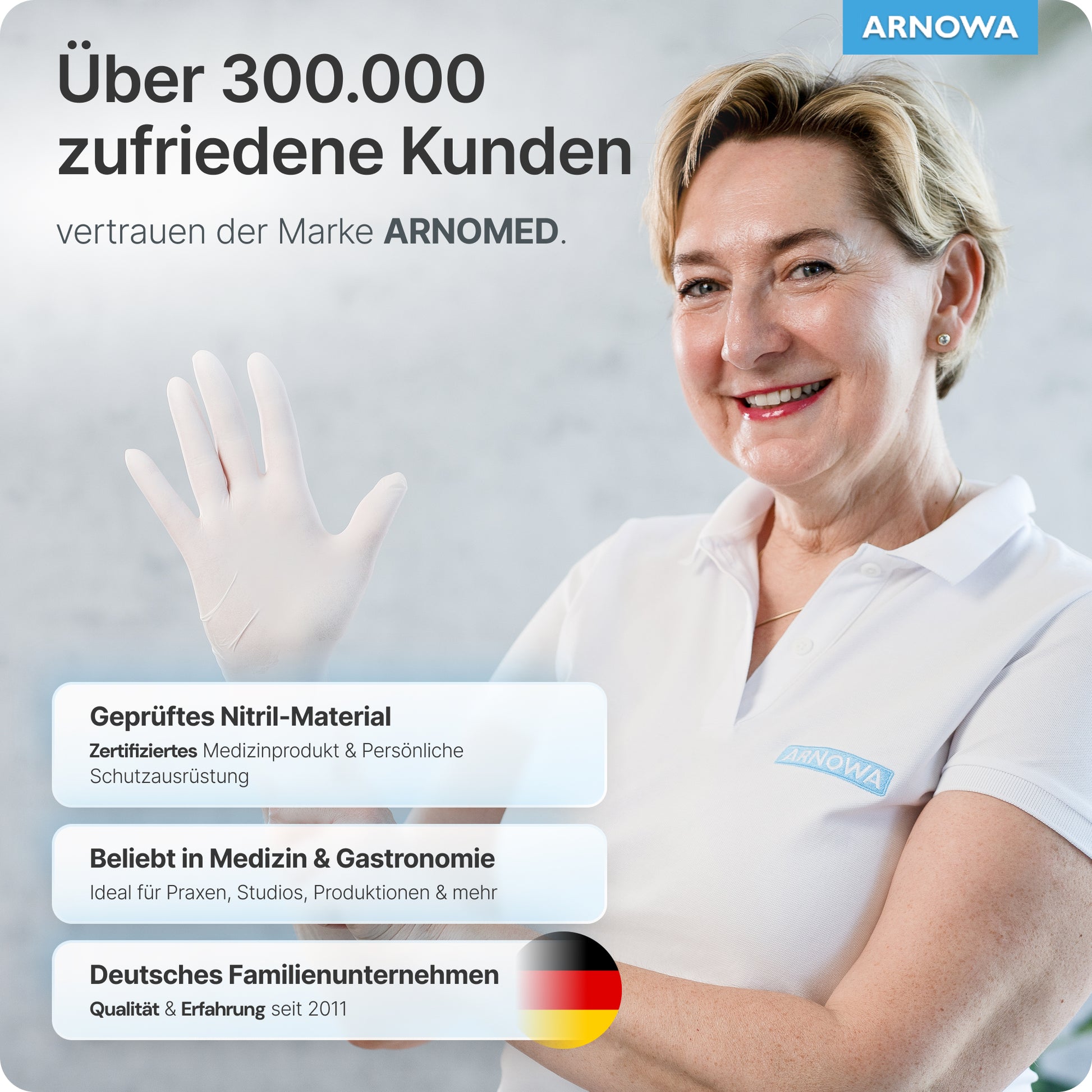 A woman wearing ARNOMED NITRIL WHITE tear-resistant disposable nitrile gloves from ARNOWA GmbH smiles and gestures, showing customer satisfaction. The gloves are latex-free, powder-free, ideal for medical & gastronomy. The logos of ARNOMED and ARNOWA are depicted.