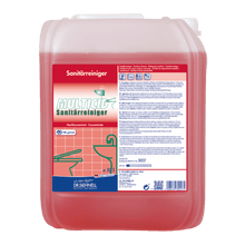 A 10-liter plastic container of Dr. Schnell MULTICID sanitary cleaner from DR.SCHNELL GmbH & Co. KGaA, a red sanitary cleaner concentrate with product labels and application instructions printed on the front.