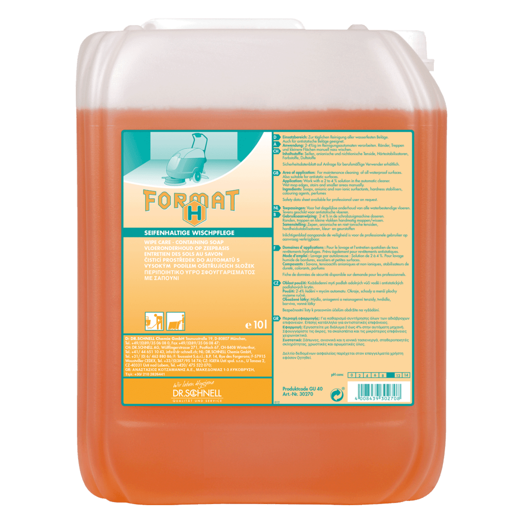 A 10-liter container made of transparent plastic with orange liquid and the label "FORMAT HAT" contains Dr. Schnell FORMAT H intensive cleaner from DR.SCHNELL GmbH & Co. KGaA, with product, safety, and application instructions in German for professional use.