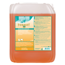 A 10-liter container made of transparent plastic with orange liquid and the label "FORMAT HAT" contains Dr. Schnell FORMAT H intensive cleaner from DR.SCHNELL GmbH & Co. KGaA, with product, safety, and application instructions in German for professional use.
