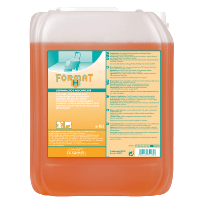A 10-liter container made of transparent plastic with orange liquid and the label "FORMAT HAT" contains Dr. Schnell FORMAT H intensive cleaner from DR.SCHNELL GmbH & Co. KGaA, with product, safety, and application instructions in German for professional use.