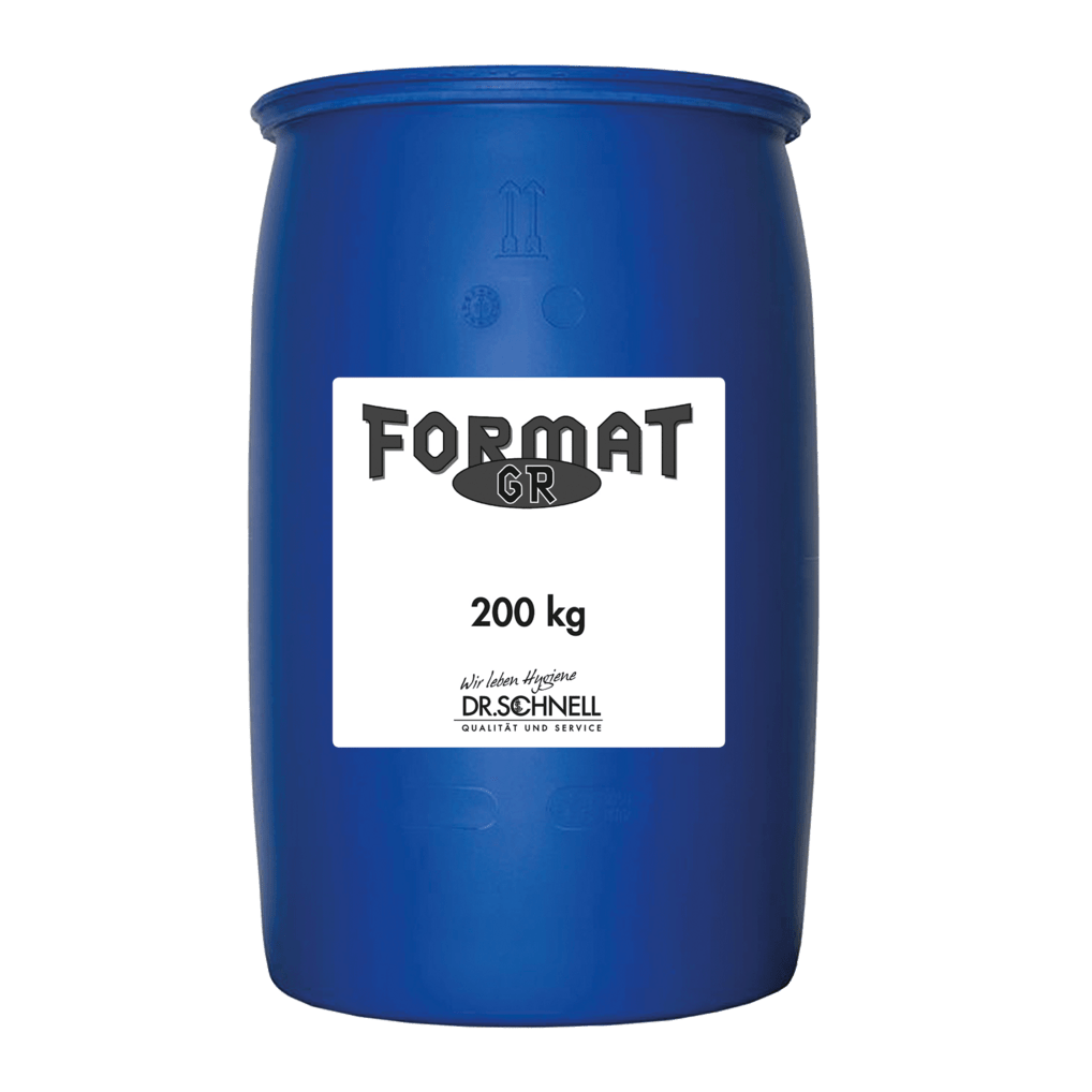 A large blue plastic barrel with the inscription "Dr. Schnell FORMAT GR 1, 200 kg" of DR.SCHNELL GmbH & Co. KGaA contains professional cleaning agent. The closed barrel stands on a white background and reflects quality and service for professionals.