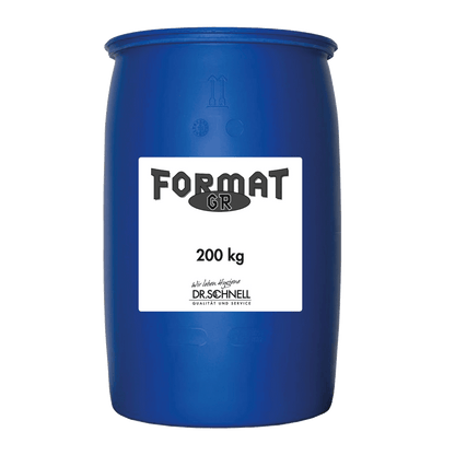 A large blue plastic barrel with the inscription "Dr. Schnell FORMAT GR 1, 200 kg" of DR.SCHNELL GmbH & Co. KGaA contains professional cleaning agent. The closed barrel stands on a white background and reflects quality and service for professionals.