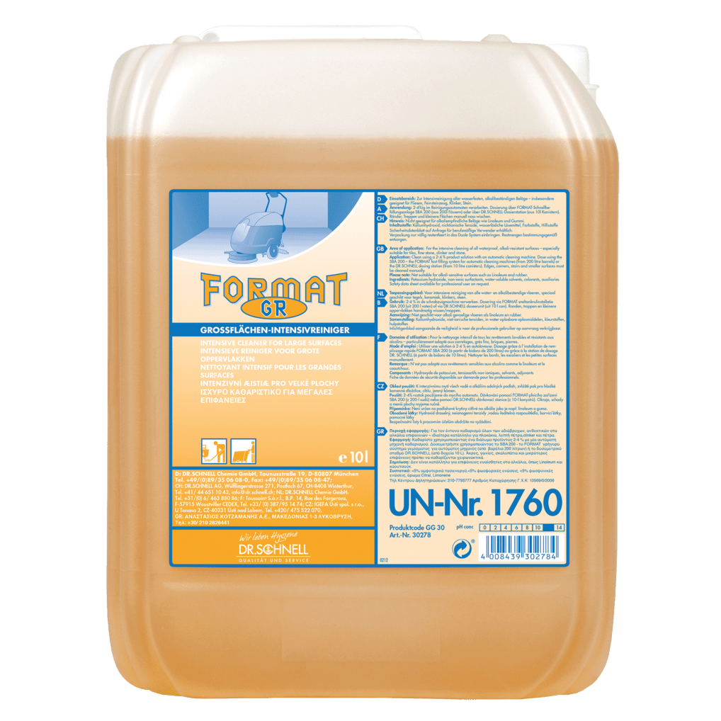 A 10-liter container made of translucent plastic from Dr. Schnell FORMAT GR 1 of DR.SCHNELL GmbH & Co. KGaA, filled with yellow-orange cleaner. The German label contains product information, safety information, and the UN number 1760.
