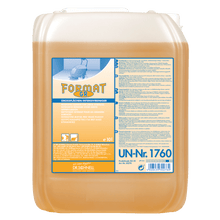 A 10-liter container made of translucent plastic from Dr. Schnell FORMAT GR 1 of DR.SCHNELL GmbH & Co. KGaA, filled with yellow-orange cleaner. The German label contains product information, safety information, and the UN number 1760.