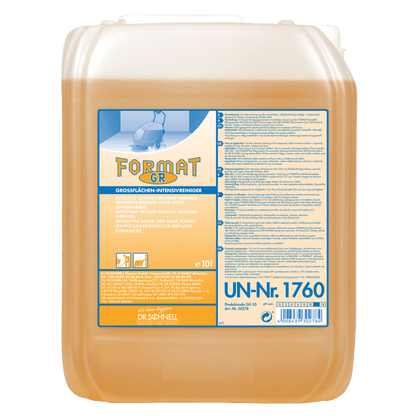 A 10-liter container made of translucent plastic from Dr. Schnell FORMAT GR 1 of DR.SCHNELL GmbH & Co. KGaA, filled with yellow-orange cleaner. The German label contains product information, safety information, and the UN number 1760.