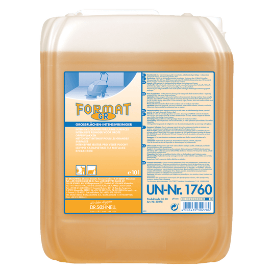 A 10-liter container made of translucent plastic from Dr. Schnell FORMAT GR 1 of DR.SCHNELL GmbH & Co. KGaA, filled with yellow-orange cleaner. The German label contains product information, safety information, and the UN number 1760.