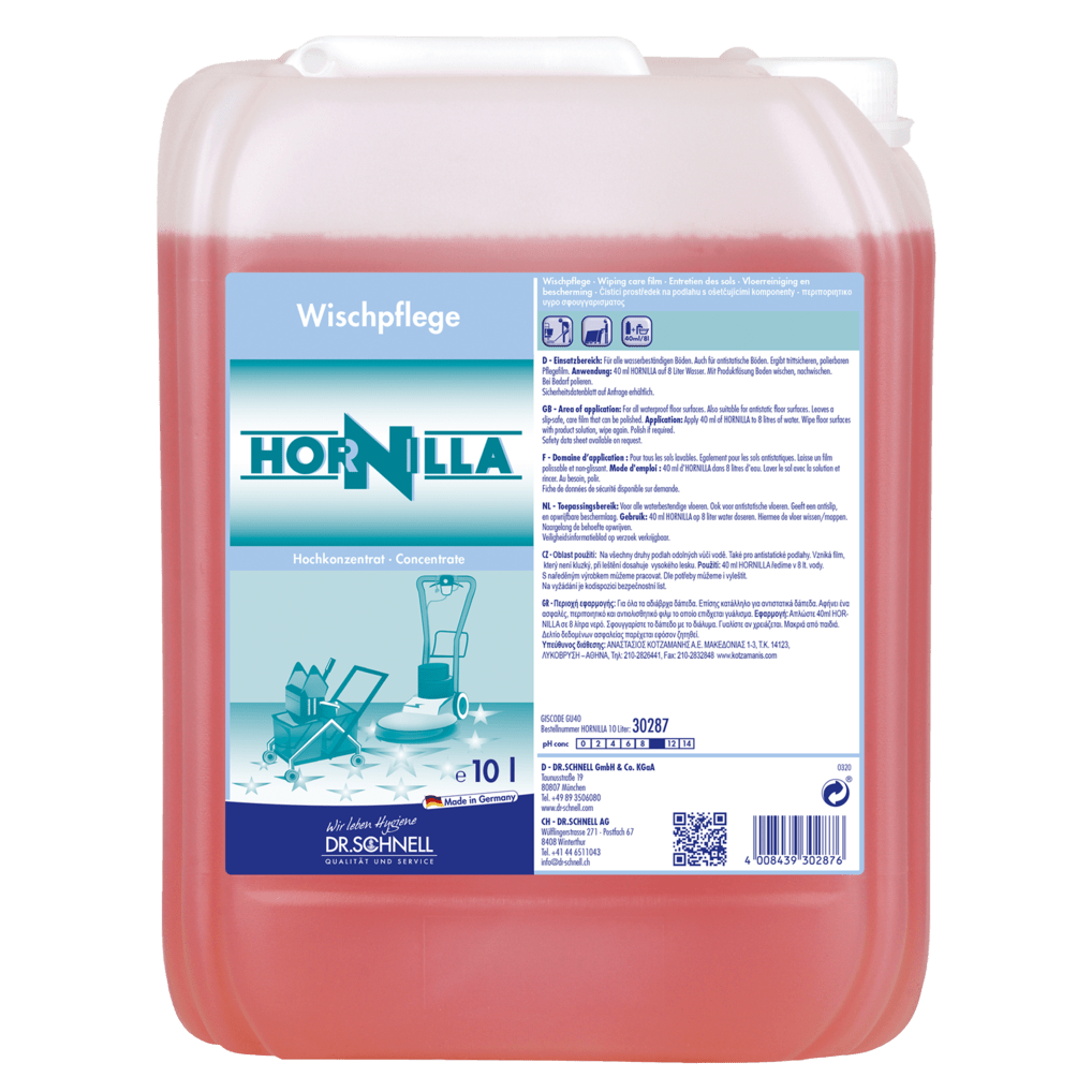 A 10-liter container of Dr. Schnell HORNILLA from DR.SCHNELL GmbH & Co. KGaA, filled with red liquid. The German label displays product information, usage instructions, and safety symbols for powerful cleaning.