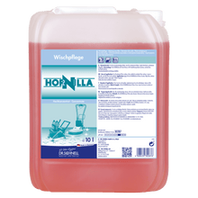 A 10-liter container of Dr. Schnell HORNILLA from DR.SCHNELL GmbH & Co. KGaA, filled with red liquid. The German label displays product information, usage instructions, and safety symbols for powerful cleaning.