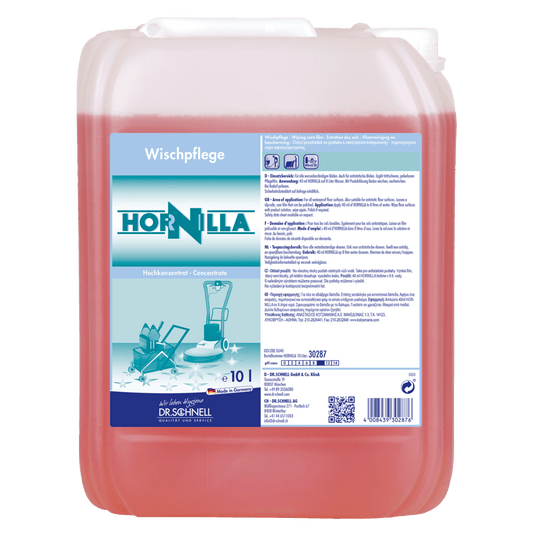 A 10-liter container of Dr. Schnell HORNILLA from DR.SCHNELL GmbH & Co. KGaA, filled with red liquid. The German label displays product information, usage instructions, and safety symbols for powerful cleaning.