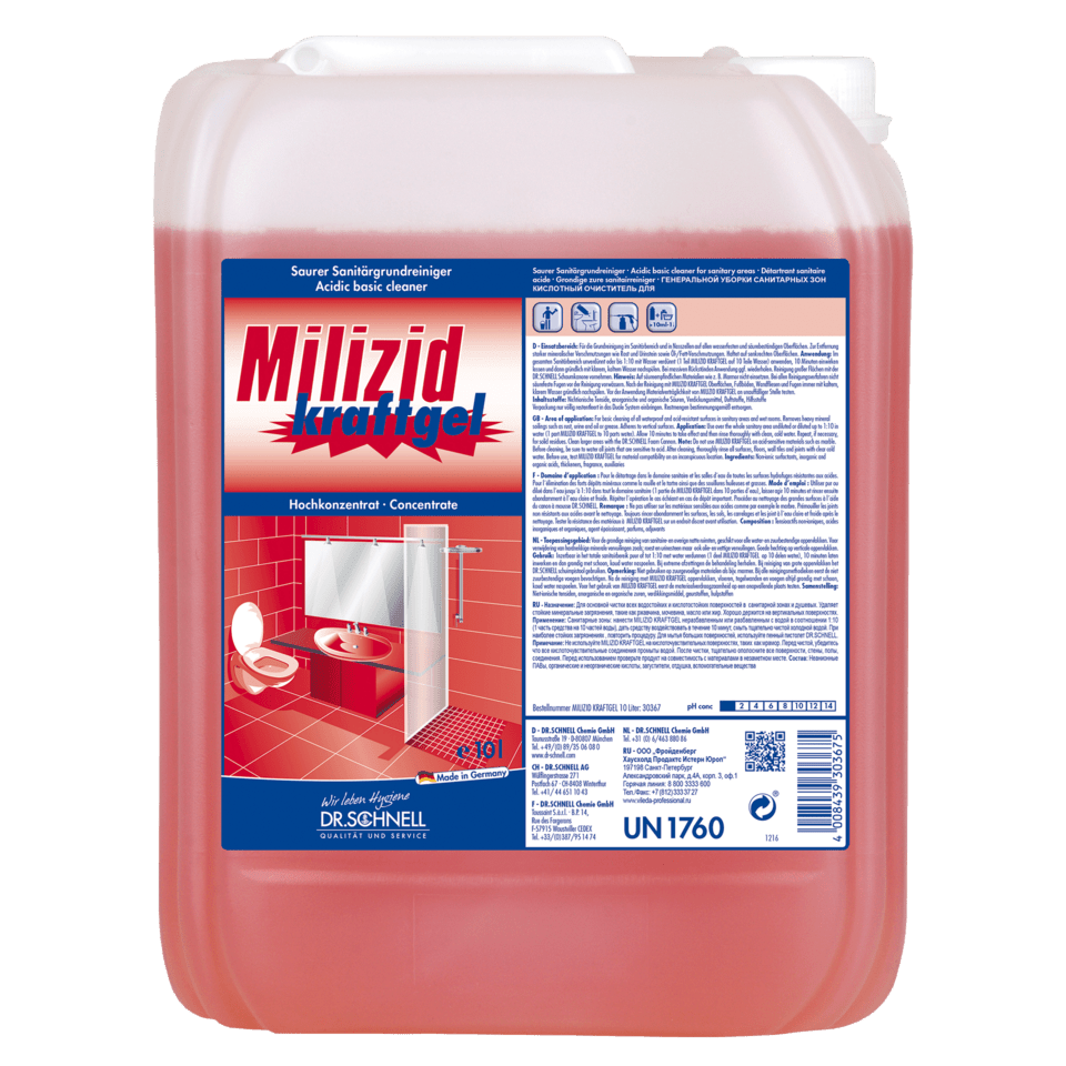 A large, transparent plastic container of Dr. Schnell MILIZID power gel sanitary cleaner (acidic for basic cleaning) by DR.SCHNELL GmbH & Co. KGaA, filled with red liquid and German instructions for removing mineral deposits.