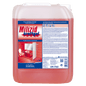 A large, transparent plastic container of Dr. Schnell MILIZID power gel sanitary cleaner (acidic for basic cleaning) by DR.SCHNELL GmbH & Co. KGaA, filled with red liquid and German instructions for removing mineral deposits.