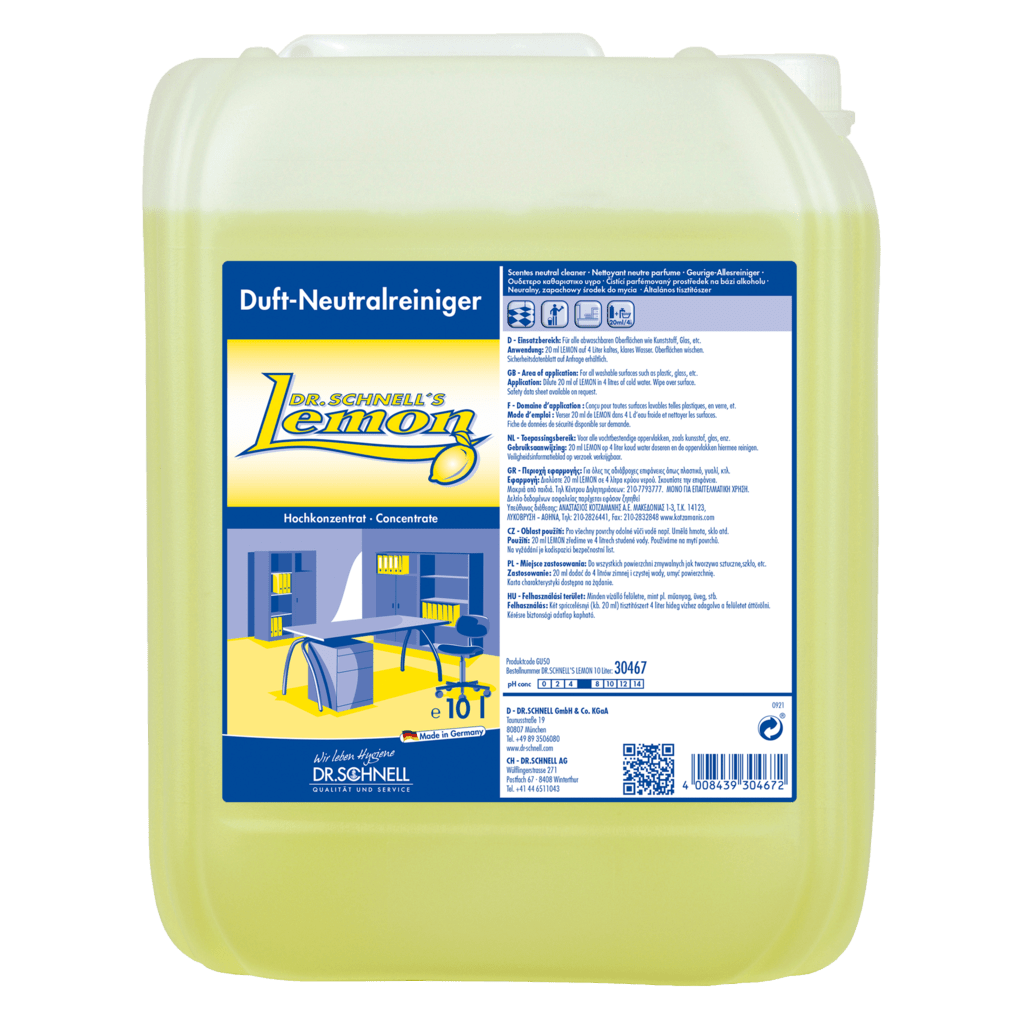 A 10-liter container Dr. Schnell of DR.SCHNELL'S LEMON from DR.SCHNELL GmbH & Co. KGaA with yellow liquid and a blue-yellow label with product information, ideal for effective household cleaning.
