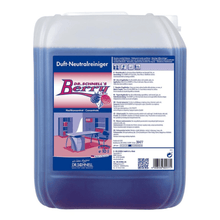 A 10-liter container of Dr. Schnell DR.SCHNELL'S BERRY from DR.SCHNELL GmbH & Co. KGaA, a powerful cleaner with berry scent and blue liquid, with a label containing product information, application instructions, and an image of an office space.