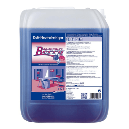 A 10-liter container of Dr. Schnell DR.SCHNELL'S BERRY from DR.SCHNELL GmbH & Co. KGaA, a powerful cleaner with berry scent and blue liquid, with a label containing product information, application instructions, and an image of an office space.