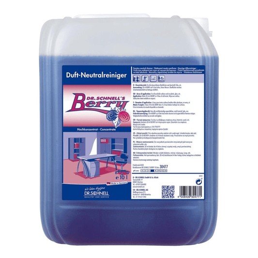 A 10-liter container of Dr. Schnell DR.SCHNELL'S BERRY from DR.SCHNELL GmbH & Co. KGaA, a powerful cleaner with berry scent and blue liquid, with a label containing product information, application instructions, and an image of an office space.