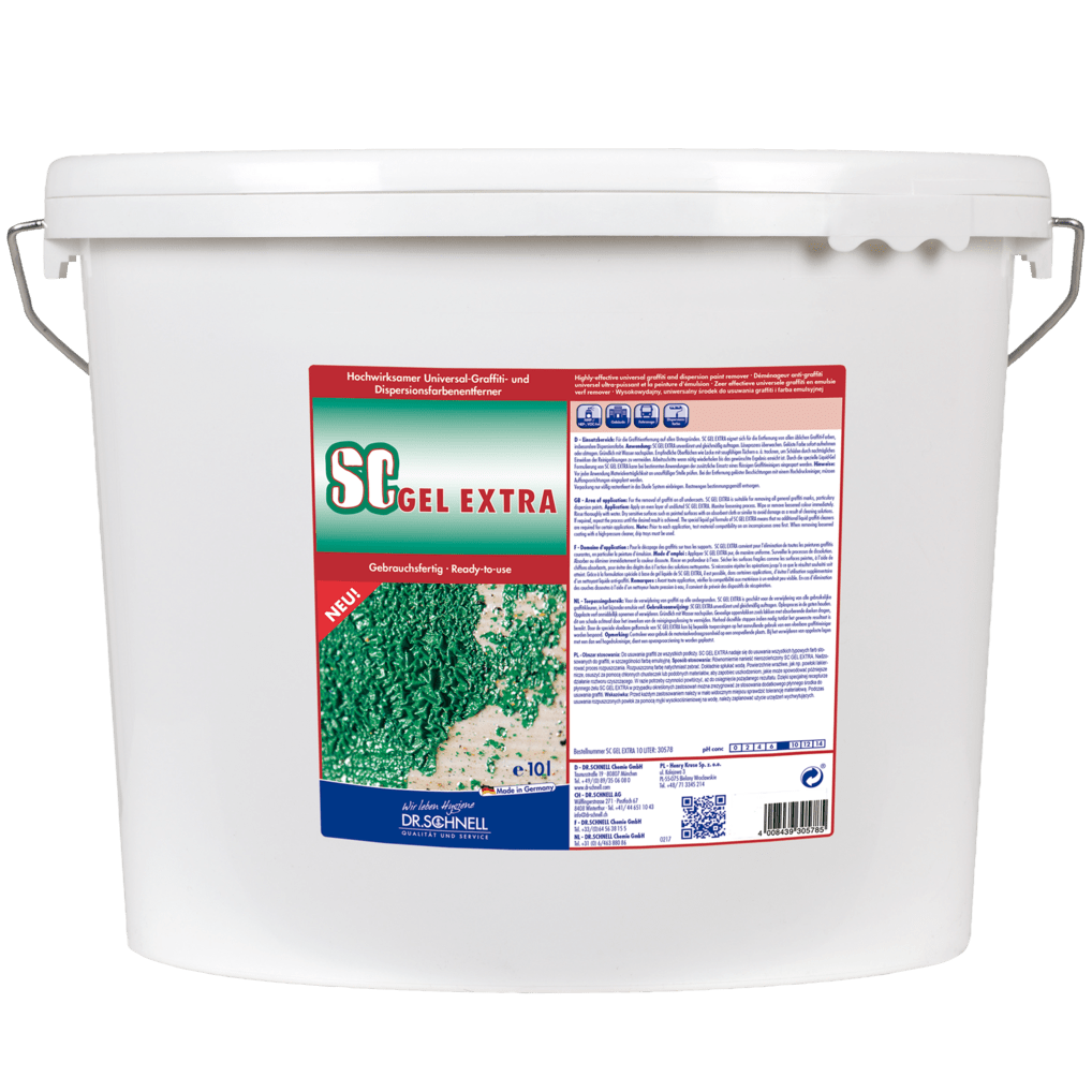 A white 10-liter plastic bucket with a handle and the label "Dr. Schnell SC GEL EXTRA Graffiti Remover" from DR.SCHNELL GmbH & Co. KGaA is provided with a German label highlighting the innovative gel formula, the instructions for use, and the barcode for universal graffiti removal.