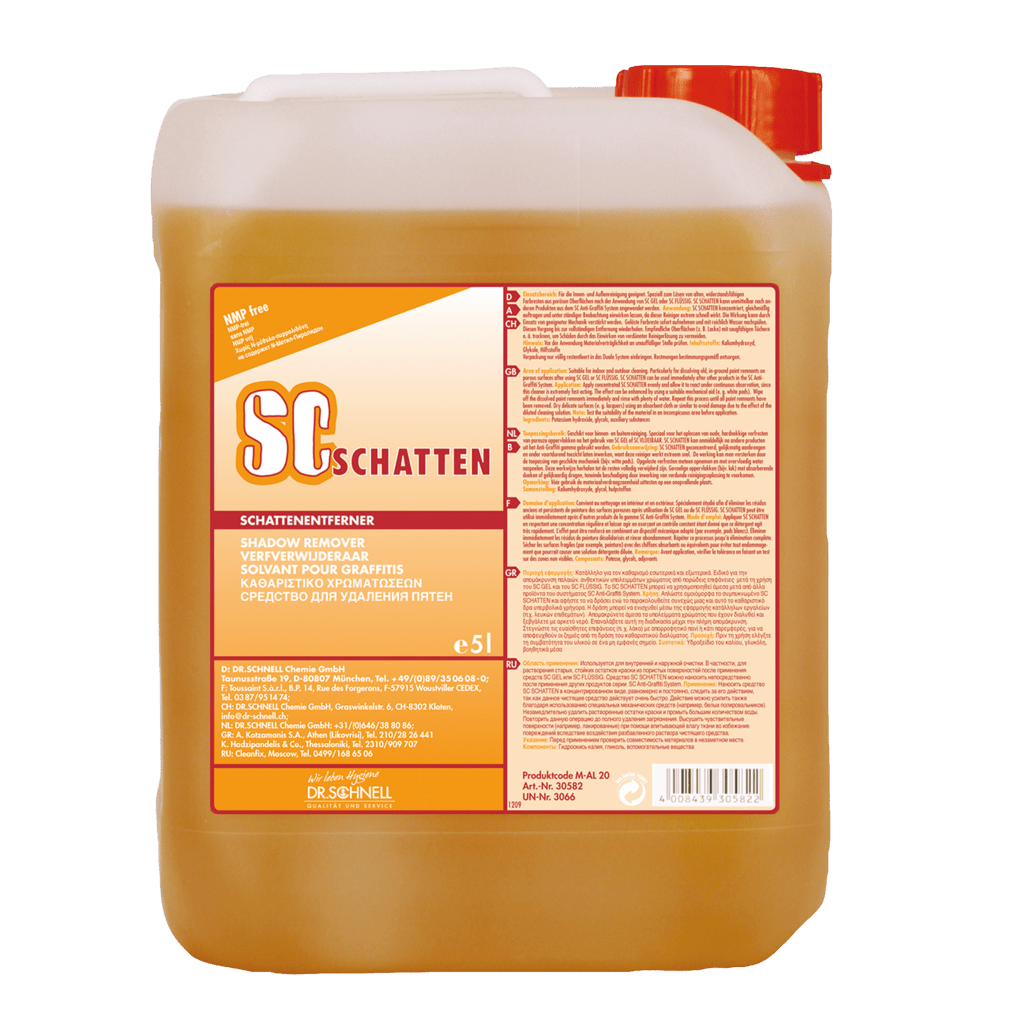 A 5-liter canister of Dr. Schnell SC SCHATTEN graffiti remover from DR.SCHNELL GmbH & Co. KGaA, an effective remover for graffiti shadows, with product information and multilingual instructions on the label.