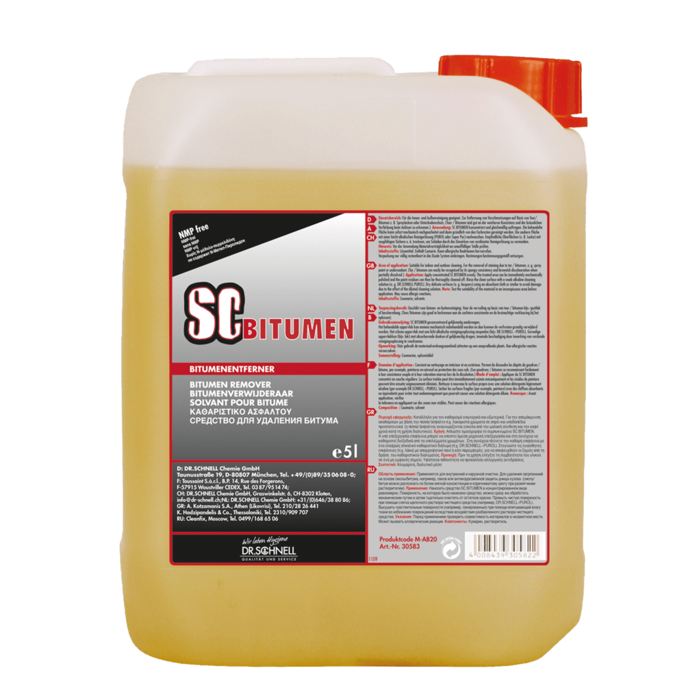 The 5-liter plastic canister of the Dr. Schnell SC BITUMEN graffiti remover by DR.SCHNELL GmbH & Co. KGaA features a red cap, a multilingual label with hazard warnings, and is ideal as a powerful surface cleaner for stubborn residues.