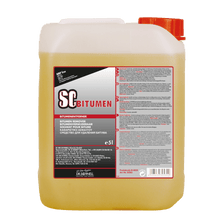 The 5-liter plastic canister of the Dr. Schnell SC BITUMEN graffiti remover by DR.SCHNELL GmbH & Co. KGaA features a red cap, a multilingual label with hazard warnings, and is ideal as a powerful surface cleaner for stubborn residues.