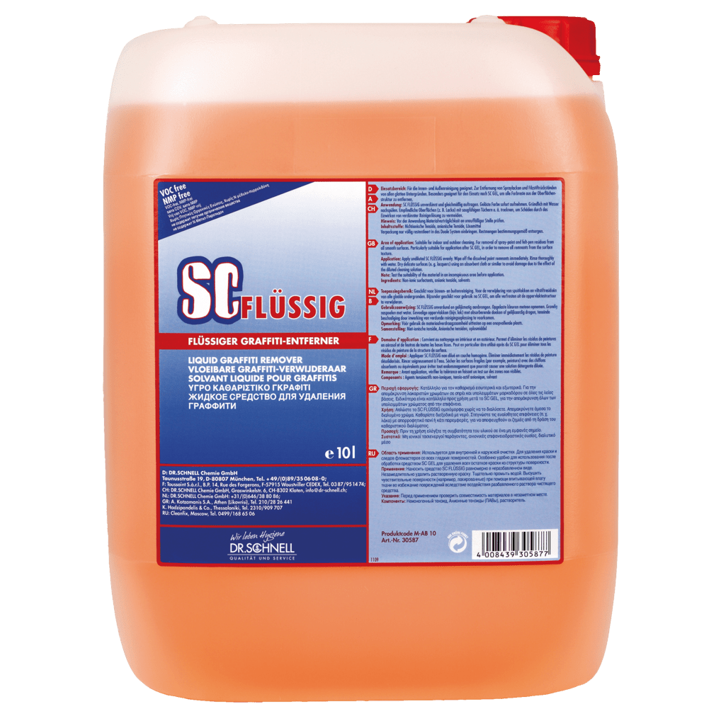 A 10-liter container made of transparent plastic with orange liquid and a red lid. The label reads "Dr. Schnell SC LIQUID graffiti remover" from DR.SCHNELL GmbH & Co. KGaA, with product information in several languages.