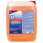 A 10-liter container made of transparent plastic with orange liquid and a red lid. The label reads "Dr. Schnell SC LIQUID graffiti remover" from DR.SCHNELL GmbH & Co. KGaA, with product information in several languages.