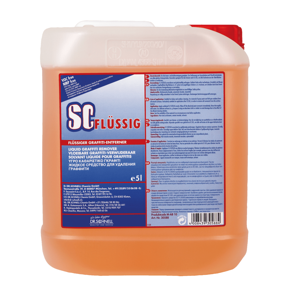 A 5-liter plastic container of Dr. Schnell SC LIQUID graffiti remover from DR.SCHNELL GmbH & Co. KGaA, filled with orange liquid and labeled with multilingual product information and safety instructions for graffiti removal.