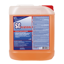 A 5-liter plastic container of Dr. Schnell SC LIQUID graffiti remover from DR.SCHNELL GmbH & Co. KGaA, filled with orange liquid and labeled with multilingual product information and safety instructions for graffiti removal.