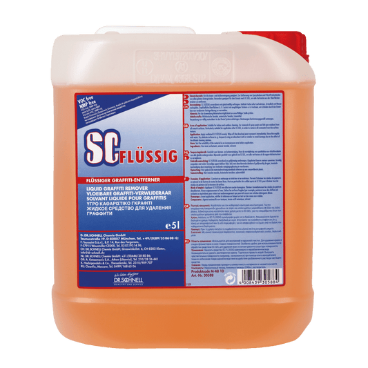 A 5-liter plastic container of Dr. Schnell SC LIQUID graffiti remover from DR.SCHNELL GmbH & Co. KGaA, filled with orange liquid and labeled with multilingual product information and safety instructions for graffiti removal.