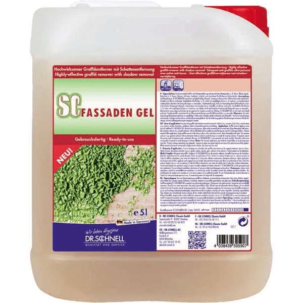 A 5-liter pack Dr. Schnell SC FASSADEN GEL Anti-Graffiti System by DR.SCHNELL GmbH & Co. KGaA, in a transparent container with red and purple labels and bilingual product information for effective graffiti removal.