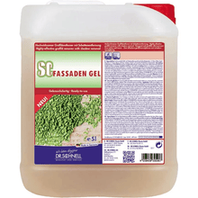A 5-liter pack Dr. Schnell SC FASSADEN GEL Anti-Graffiti System by DR.SCHNELL GmbH & Co. KGaA, in a transparent container with red and purple labels and bilingual product information for effective graffiti removal.