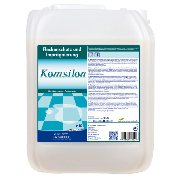 A 10-liter canister of DR.SCHNELL GmbH & Co. KGaA KOMSILON stain protection and impregnation for natural and artificial stones, with a blue-white label with product information and German instructions.