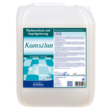 A 10-liter canister of DR.SCHNELL GmbH & Co. KGaA KOMSILON stain protection and impregnation for natural and artificial stones, with a blue-white label with product information and German instructions.