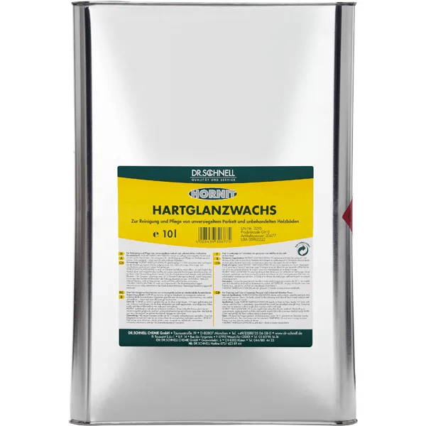 A 10-liter container of Dr. Schnell HORNIT high-gloss wax from DR.SCHNELL GmbH & Co. KGaA, ideal for professional building cleaning and floor care, suitable for sealed parquet and unsealed wooden floors.