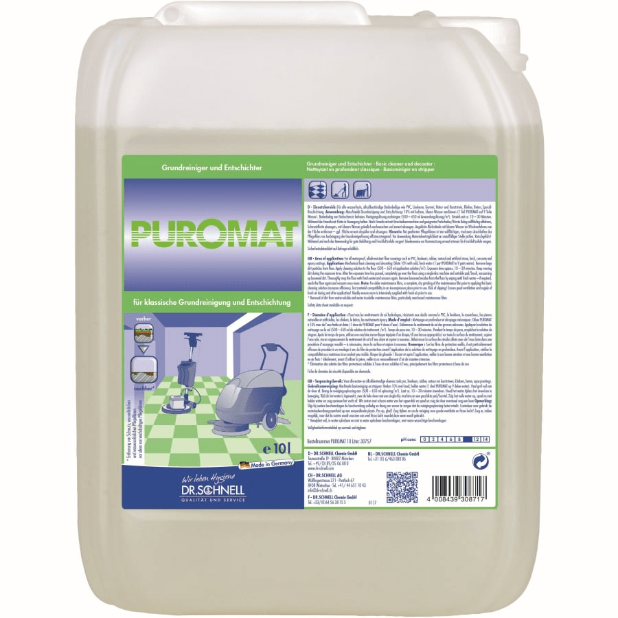 A 10-liter plastic container with Dr. Schnell PUROMAT floor cleaner and descaler by DR.SCHNELL GmbH & Co. KGaA, with product information and instructions in German on the front label, for professional cleaning applications.