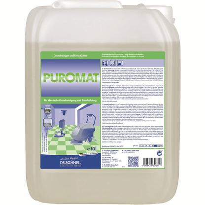 A 10-liter plastic container with Dr. Schnell PUROMAT floor cleaner and descaler by DR.SCHNELL GmbH & Co. KGaA, with product information and instructions in German on the front label, for professional cleaning applications.