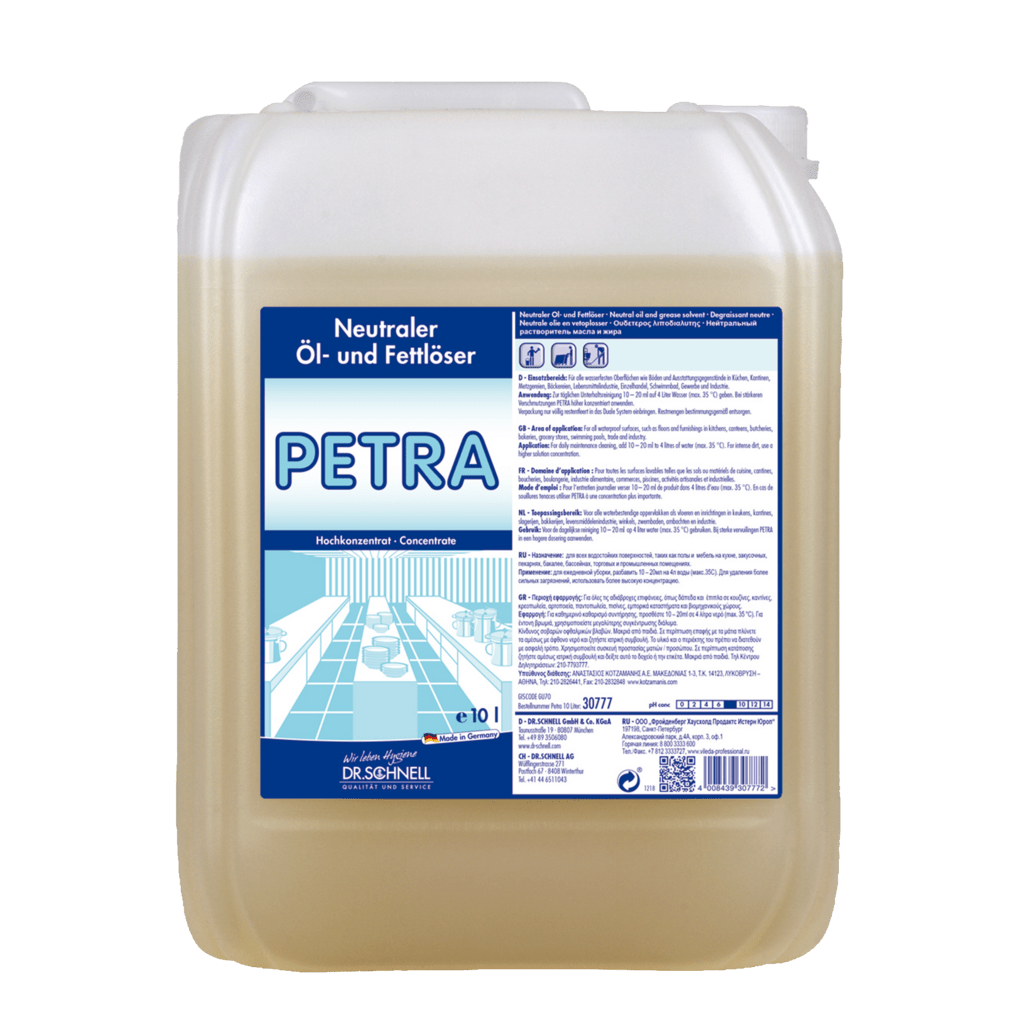 A 10-liter plastic container of Dr. Schnell PETRA oil and grease remover for surfaces from DR.SCHNELL GmbH & Co. KGaA, with a blue-white label, for concentrated oil and grease removal.