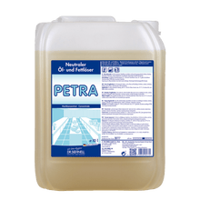 A 10-liter plastic container of Dr. Schnell PETRA oil and grease remover for surfaces from DR.SCHNELL GmbH & Co. KGaA, with a blue-white label, for concentrated oil and grease removal.